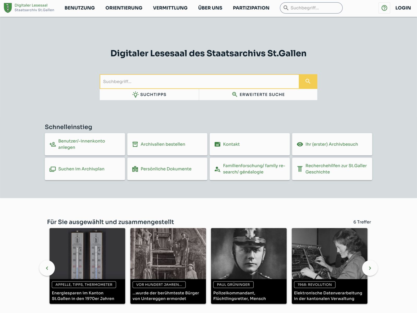 Screen design of the digital service design application of the State Archive St. Gallen.