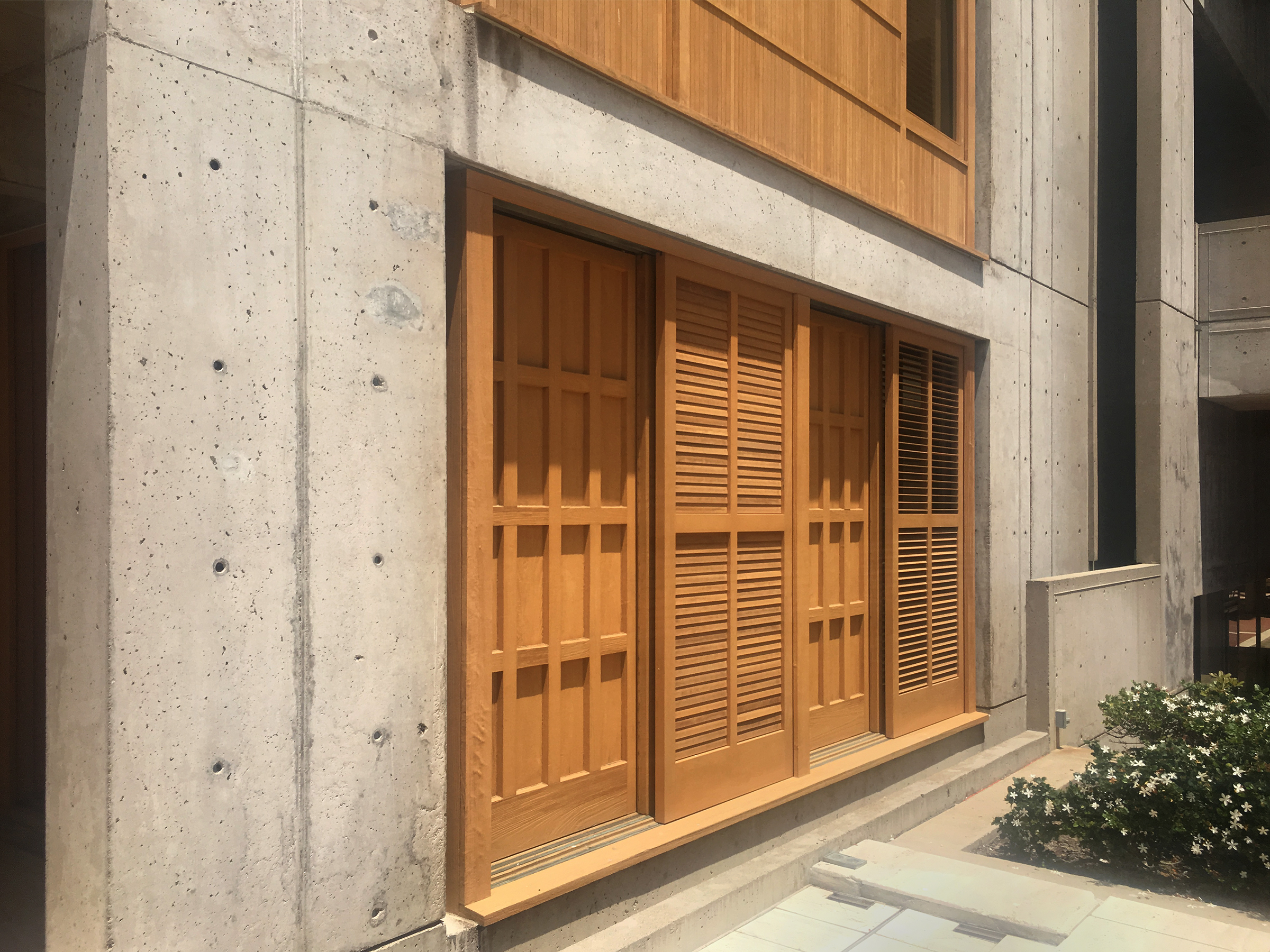 Wooden window frames set in concrete, Salk Institute in La Jolla, California