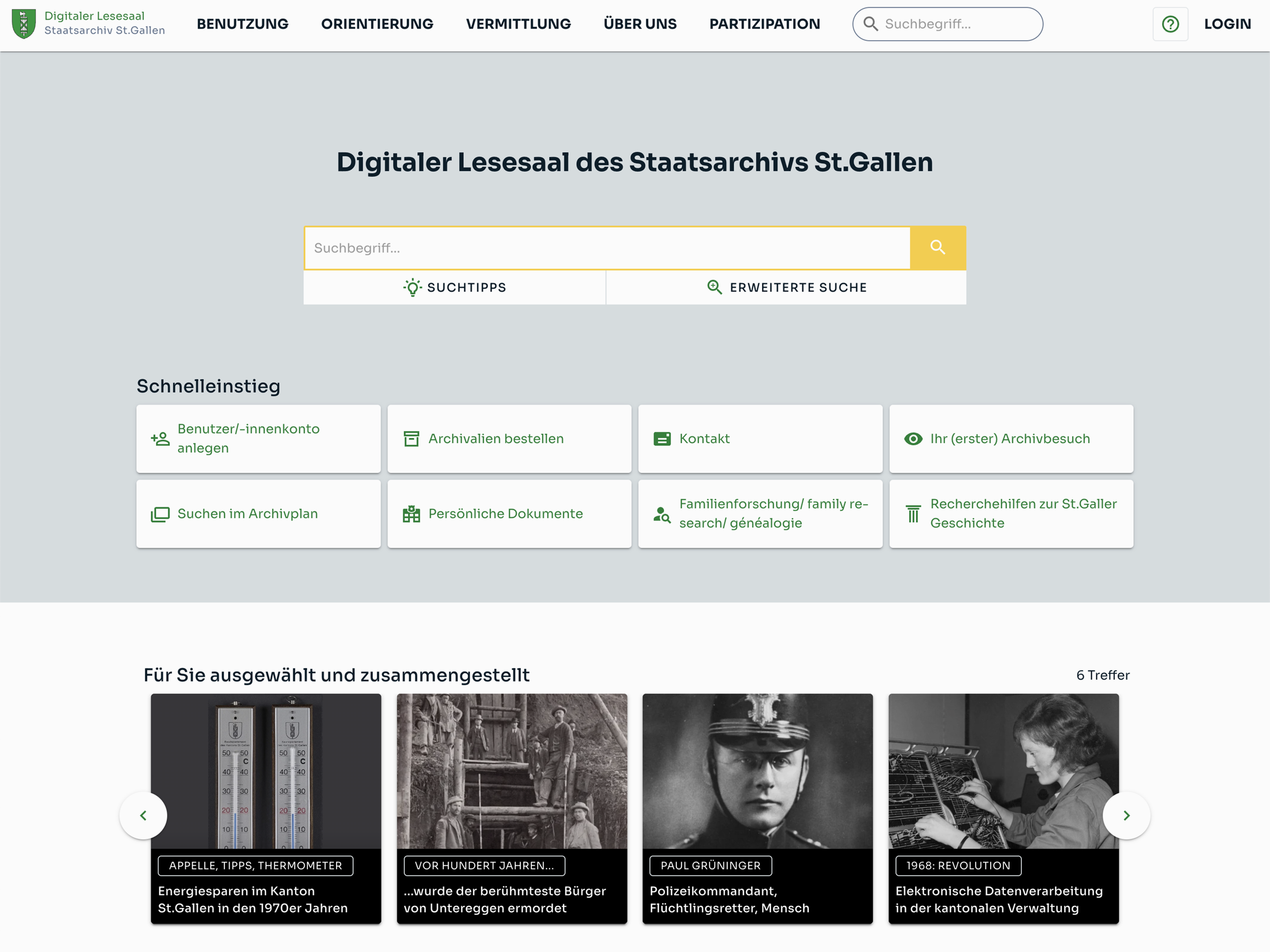 Screenshot ‘Digitaler Lesesaal’ giving users access to the archives.