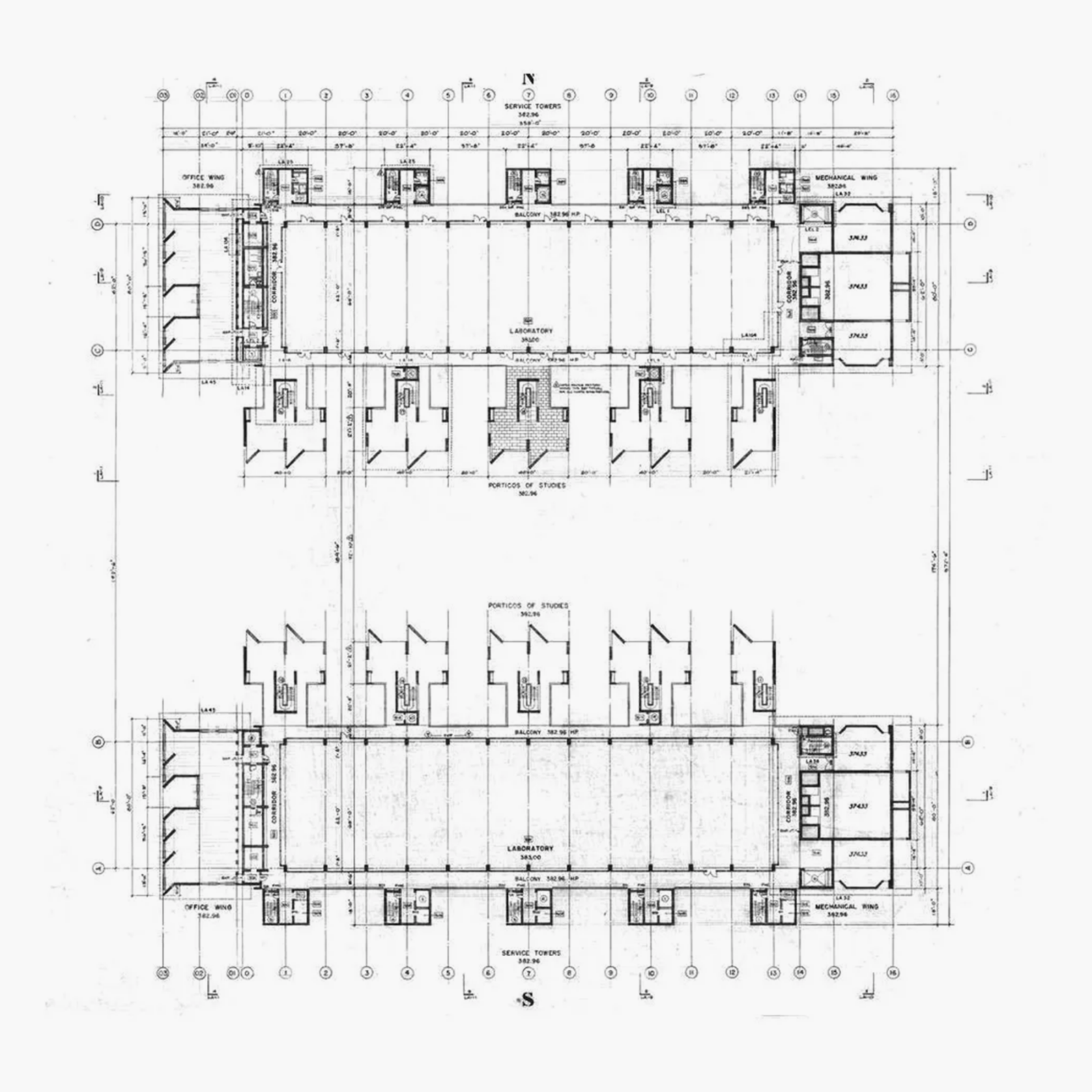 Plans of the two building tracks of the Salk Institute, a building by Louis Kahn, 1965