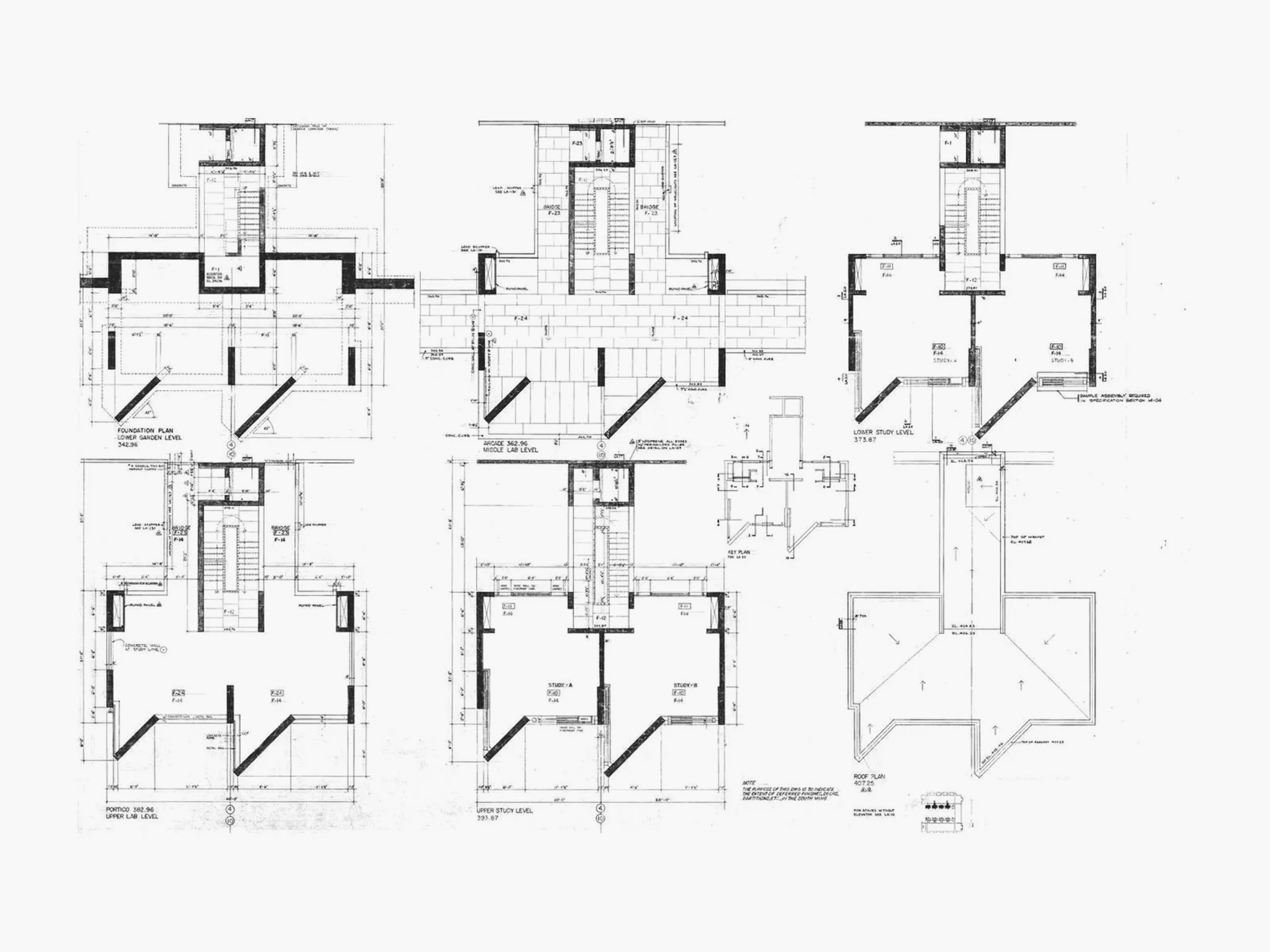 Plans of the Studies rooms of the Salk Institute in La Jolla, California, a building by Louis Kahn, 1965