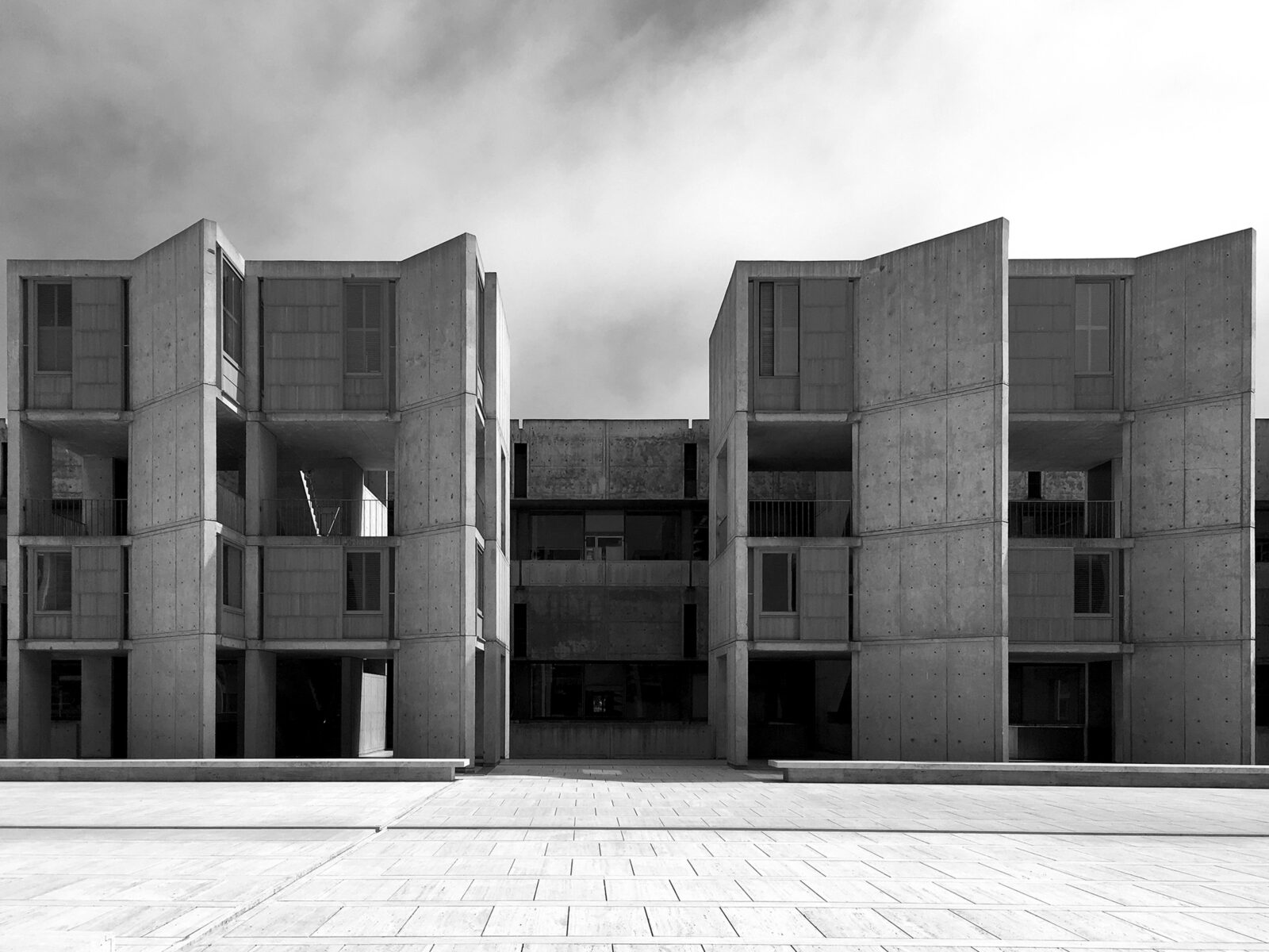 Facades of the studies rooms at the courtyard of the Salk Institute in La Jolla, California
